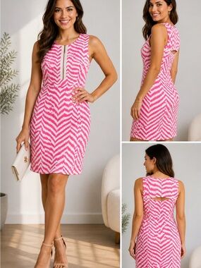 Lilly Pulitzer Pink White Zigzag Shift Dress Sleeveless Zip Front Size 4